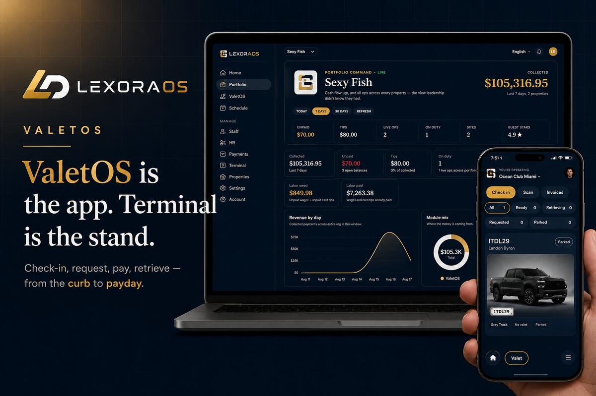 ValetOS is the app. Terminal is the stand — Portfolio Command on desktop and the valet live board on Terminal