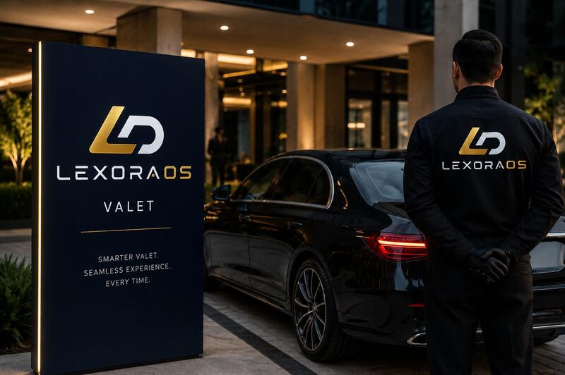 LexoraOS valet attendant at dusk beside a luxury sedan and branded stand sign